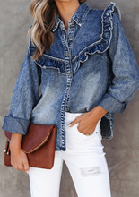 Load image into Gallery viewer, Pre-Order  Blue Vintage Wash Denim Ruffle Detail Button Down Shirt