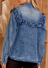 Load image into Gallery viewer, Pre-Order  Blue Vintage Wash Denim Ruffle Detail Button Down Shirt