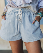 Load image into Gallery viewer, Pre-Order Sky Blue Stripe Drawstring Elastic Waist Casual Denim Shorts