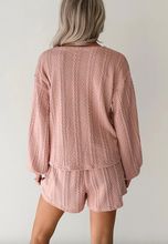 Load image into Gallery viewer, Pre-Order Gossamer Pink Cable Knit V Neck Cardigan Shorts Set