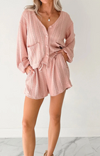 Load image into Gallery viewer, Pre-Order Gossamer Pink Cable Knit V Neck Cardigan Shorts Set