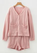 Load image into Gallery viewer, Pre-Order Gossamer Pink Cable Knit V Neck Cardigan Shorts Set