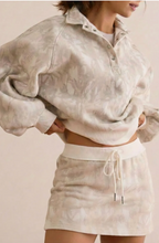 Load image into Gallery viewer, Pre-Order White Abstract Woodland Print Balloon Sleeve Pullover Drawstring Mini Skirt Set