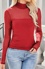Load image into Gallery viewer, Pre-Order  Sheer Mesh Patchwork High Neck Long Sleeve Tops