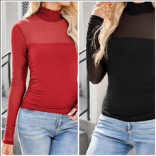 Load image into Gallery viewer, Pre-Order  Sheer Mesh Patchwork High Neck Long Sleeve Tops