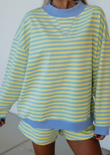 Load image into Gallery viewer, Pre-Order Yellow Stripe Color Block Detail Long Sleeve Pullover Elastic Waist Pull On Shorts 2pcs Set