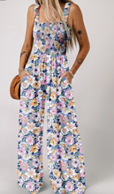 Load image into Gallery viewer, Pre-Order Purple Floral Print Smocked High Waist Square Neck Jumpsuit