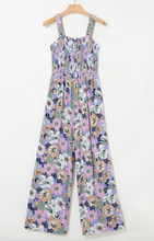 Load image into Gallery viewer, Pre-Order Purple Floral Print Smocked High Waist Square Neck Jumpsuit