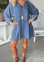 Load image into Gallery viewer, Pre-Order Myosotis Puff Sleeve V Neck Ruffled Loose Denim Mini Dress