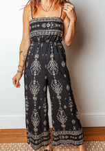 Load image into Gallery viewer, Pre-Order Black Spaghetti Straps Elastic Waist Loose Ethnic Print Jumpsuit