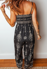 Load image into Gallery viewer, Pre-Order Black Spaghetti Straps Elastic Waist Loose Ethnic Print Jumpsuit