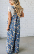 Load image into Gallery viewer, Pre-Order Blue Vintage Rose Printed Pleated Loose Denim Overall Jumpsuit