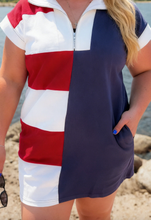 Load image into Gallery viewer, Pre-Order Navy Blue Americana Colorblock Stripes Zip up Collared T Shirt Mini Dress