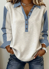 Load image into Gallery viewer, Pre-Order Denim Patchwork Buttoned Polo Collar Long Sleeve Top