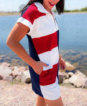 Load image into Gallery viewer, Pre-Order Navy Blue Americana Colorblock Stripes Zip up Collared T Shirt Mini Dress