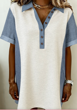 Load image into Gallery viewer, Pre-Order Denim Color Block Patchwork Button Polo Collar T Shirt Tunic Dress