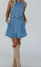 Load image into Gallery viewer, Pre-Order Western Belt Button Down Sleeveless Denim Short Dress