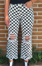 Load image into Gallery viewer, Pre-Order Black Checkerboard Print Distressed Holes Raw Edge Cropped Jeans