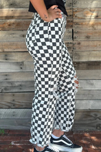 Load image into Gallery viewer, Pre-Order Black Checkerboard Print Distressed Holes Raw Edge Cropped Jeans