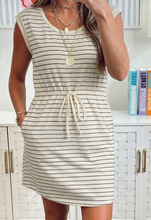 Load image into Gallery viewer, Pre-Order Beige Stripe Drawstring Tunic Tank Mini Dress with Pockets