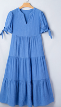 Load image into Gallery viewer, Pre-Order Blue Gingham Textured Bow Tie Short Sleeve Tiered Midi Dress