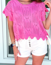 Load image into Gallery viewer, Pre-Order Pointelle Knit Patterned Scalloped Trim Short Sleeve Sweater
