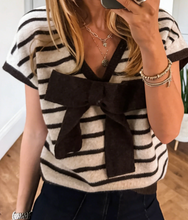 Load image into Gallery viewer, Pre-Order Black Stripe Bow Applique Short Sleeve Sweater
