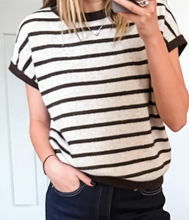 Load image into Gallery viewer, Pre-Order Black Stripe Bow Applique Short Sleeve Sweater