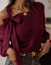 Load image into Gallery viewer, Pre-Order Burgundy Lace Bowknot Asymmetric Neck Sweater