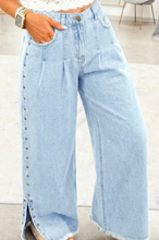 Load image into Gallery viewer, Pre-Order Blue Studded Side Slit Leg Frayed Pocketed Wide Leg Jeans