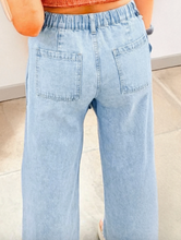 Load image into Gallery viewer, Pre-Order Blue Studded Side Slit Leg Frayed Pocketed Wide Leg Jeans