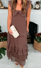 Load image into Gallery viewer, Pre-Order Coffee Polka Dot Print Backless Ruffled Tiered Maxi Dress