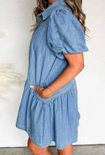 Load image into Gallery viewer, Pre-Order Blue Button Down Short Puff Sleeve Ruffle Hem Patchwork Denim Dress