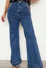 Load image into Gallery viewer, Pre-Order Blue Golden Button Detail Rolled Edge Flare Leg Jeans