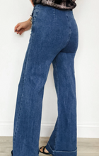 Load image into Gallery viewer, Pre-Order Blue Golden Button Detail Rolled Edge Flare Leg Jeans