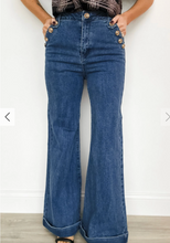 Load image into Gallery viewer, Pre-Order Blue Golden Button Detail Rolled Edge Flare Leg Jeans