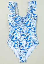 Load image into Gallery viewer, Pre-Order Blue Floral Ruffled Strap Lace-up Hollow Out One Piece Swimsuit