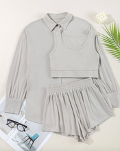 Load image into Gallery viewer, Pre-Order 3 Pcs Crop Tank Top Shorts with Cardigan Lounge Sets
