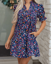 Load image into Gallery viewer, Pre-Order Blue Wild Daisy Floral Split Neck Short Puff Sleeve Mini Dress