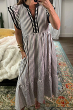 Load image into Gallery viewer, Pre-Order Black Stripe Double Ruffled Short Sleeve Contrast Trim V Neck Midi Dress