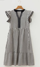 Load image into Gallery viewer, Pre-Order Black Stripe Double Ruffled Short Sleeve Contrast Trim V Neck Midi Dress