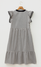 Load image into Gallery viewer, Pre-Order Black Stripe Double Ruffled Short Sleeve Contrast Trim V Neck Midi Dress