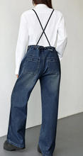 Load image into Gallery viewer, Pre-Order Dark Blue Crossed Tie Straps Bib Pocket Loose Denim Overalls