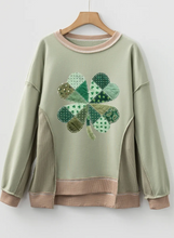 Load image into Gallery viewer, Pre-Order Smoke Green Waffled Color Block St Patricks Day Clover Patched Baggy Sweatshirt