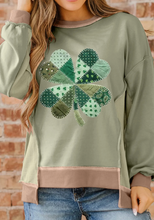 Load image into Gallery viewer, Pre-Order Smoke Green Waffled Color Block St Patricks Day Clover Patched Baggy Sweatshirt
