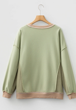 Load image into Gallery viewer, Pre-Order Smoke Green Waffled Color Block St Patricks Day Clover Patched Baggy Sweatshirt