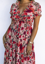 Load image into Gallery viewer, Pre-Order Fiery Red Floral Print Frilled V Neck Short Sleeve Maxi Dress
