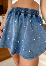 Load image into Gallery viewer, Pre-Order Blue Denim Pearl Embellished Elastic Waist Mini Skort