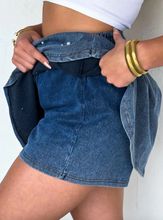 Load image into Gallery viewer, Pre-Order Blue Denim Pearl Embellished Elastic Waist Mini Skort