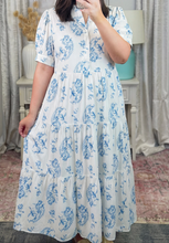 Load image into Gallery viewer, Pre-Order Blue Plus Size Geometric Floral Print Button Split Neck Short Sleeve Maxi Dress